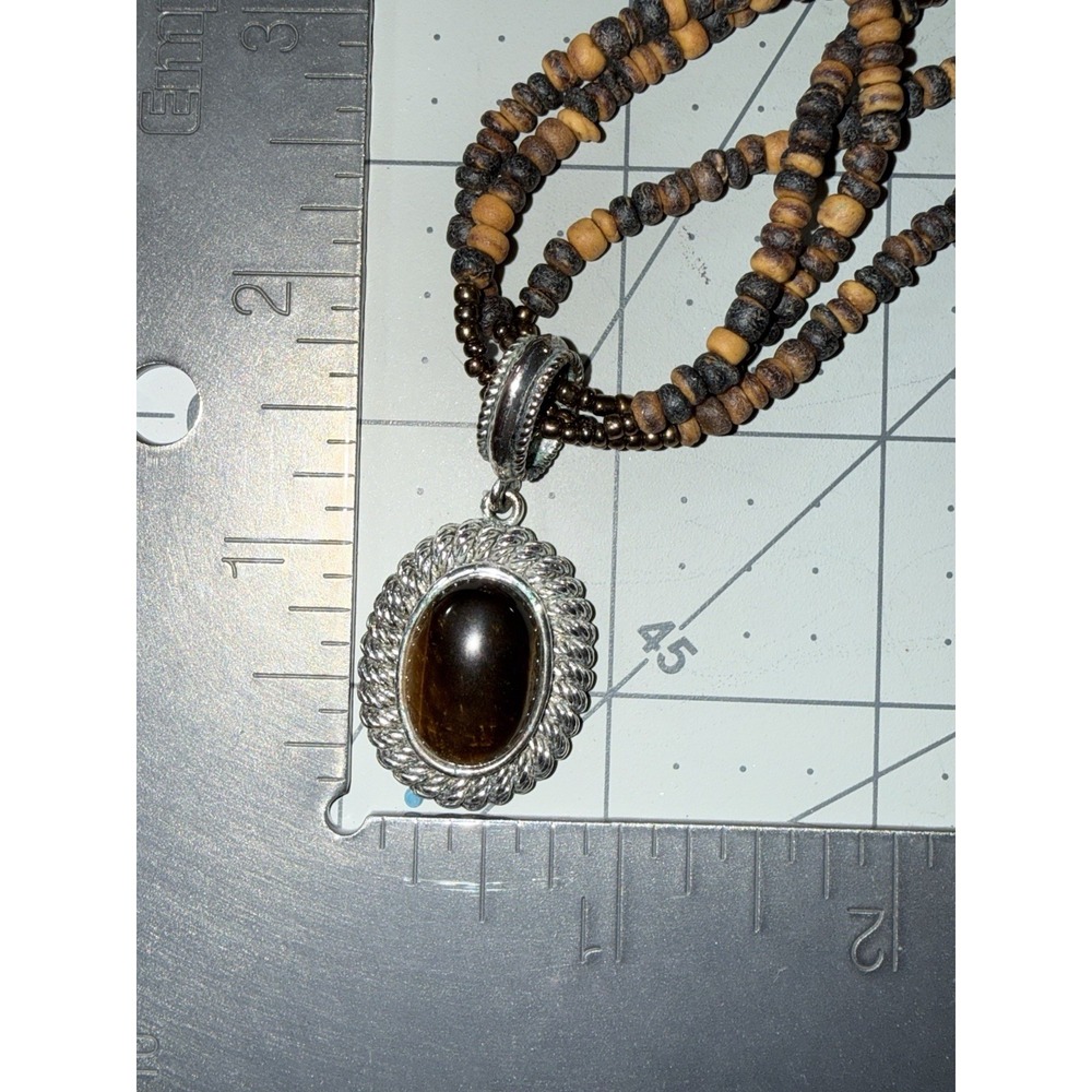 Avon Genuine Tigger Eye Stone pendant and Wooden Beads Necklace 15"